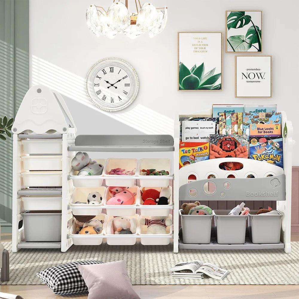 Grey Kids Bookshelf Toy Storage Organizer with 17 Bins and 4 Bookshelves U4858