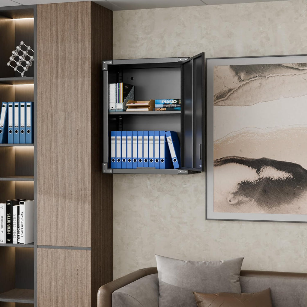 Black Metal Wall Cabinet with Locking Door and Adjustable Shelf L8870