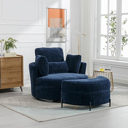 Oversized Swivel Accent Barrel Chair with Storage Ottoman and 4 Pillow, Terracotta Chenille M6680