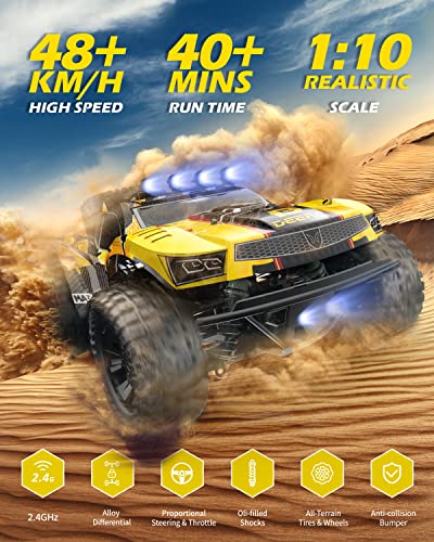 1:10 Large Remote Control Truck with Lights, 48 km/h 4x4 Off-Road Electric Vehicle with 2 Rechargeable Batteries K523