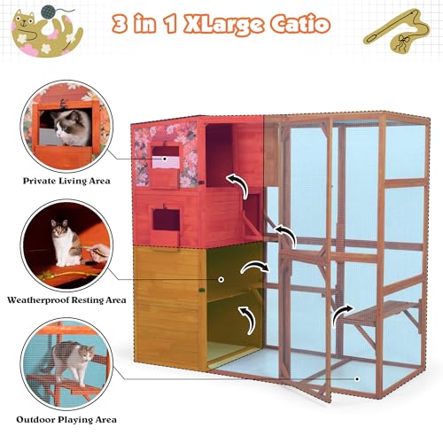 Large Wood Cat Catio with Weatherproof Roof, 2 Resting Rooms, 2 Platforms, 4-Tier Cat Playpen H4344