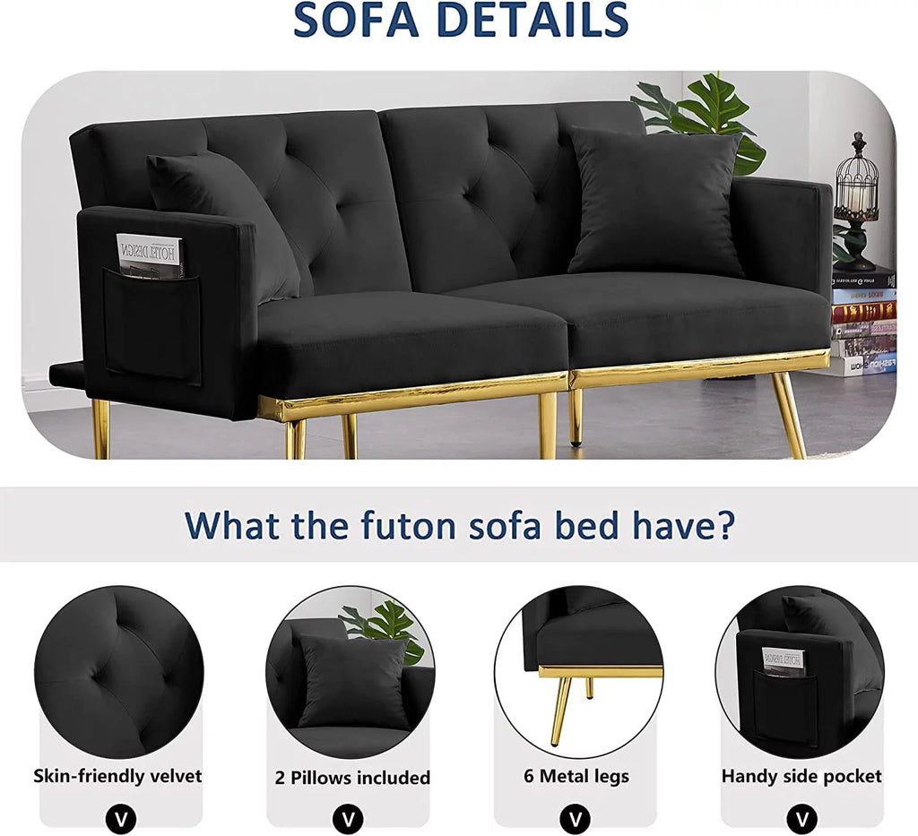 59" Convertible Velvet Sofa Bed with 2 Pillows & Side Pockets (Black) G645415