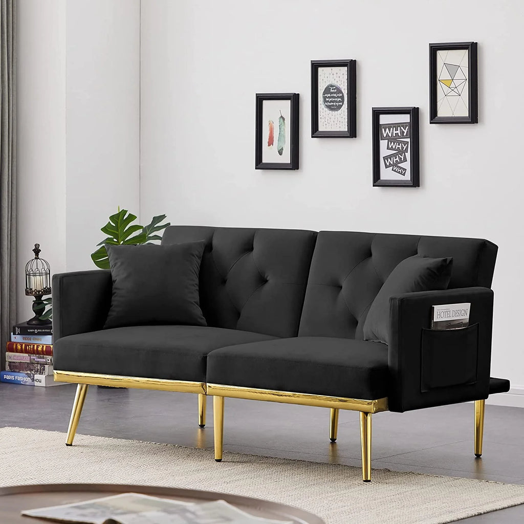 59" Convertible Velvet Sofa Bed with 2 Pillows & Side Pockets (Black) G645415