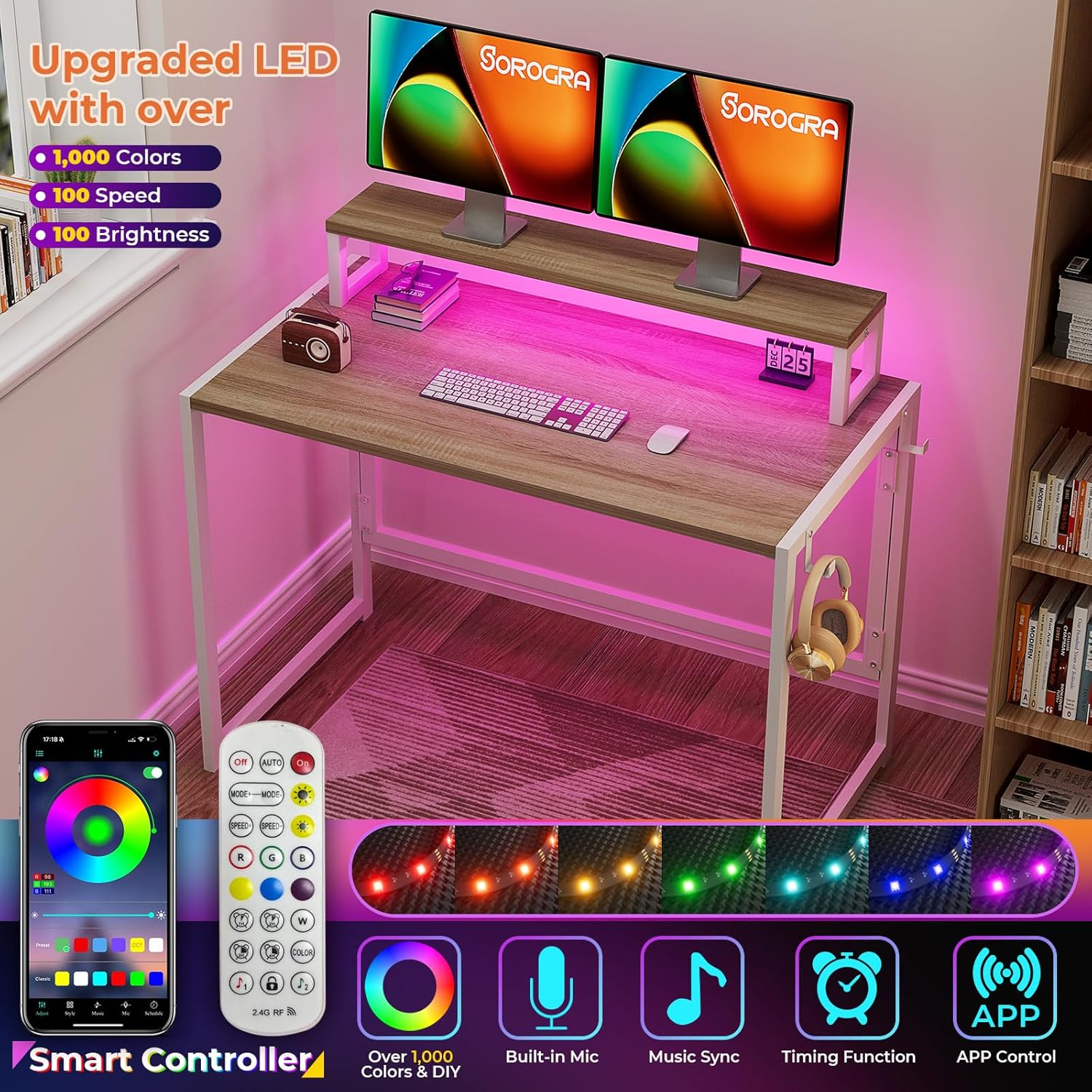 31.5 inch Folding Desk with Led Lights W2462