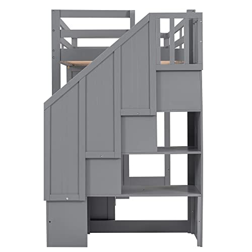 Twin Size Solid Wood Loft Bed with Desk and Stairs H201