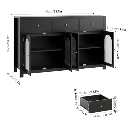 Black 55.1" Wood Buffet Cabinet with 3 Drawers and 4 Doors O487