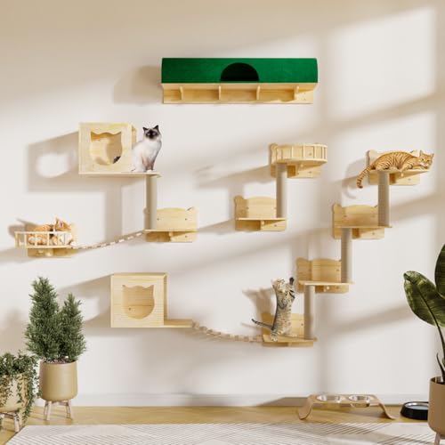 16 Pcs Pine Wooden Cat Wall Shelves with House K63919