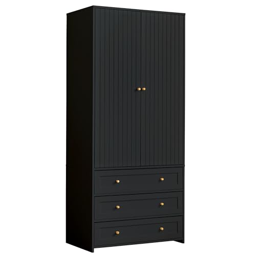 Black 71" Wooden Wardrobe Armoire with 3 Drawers F4485