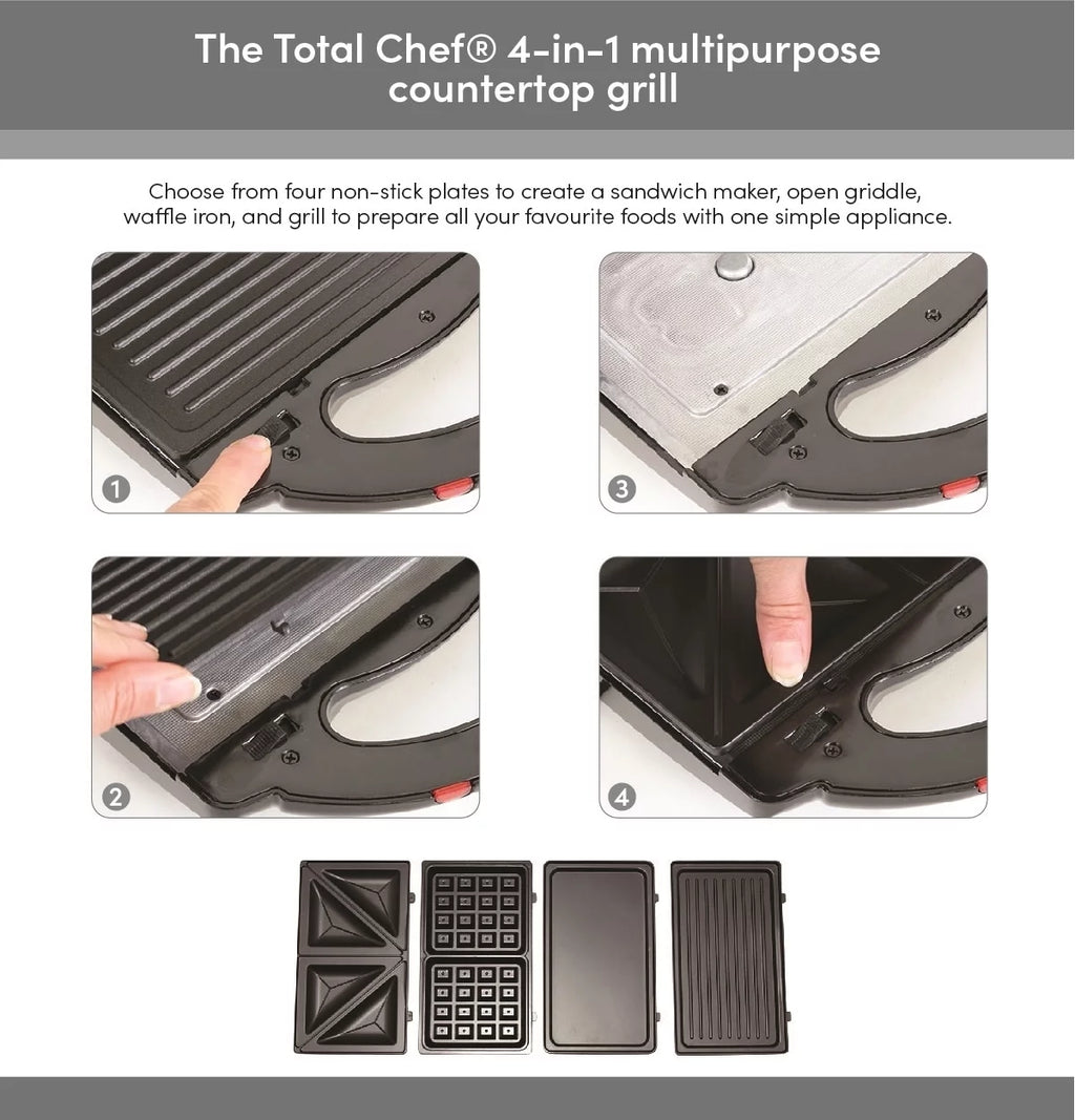 4-in-1 Waffle Maker with Removable Non-Stick Cast Iron Plates T50761