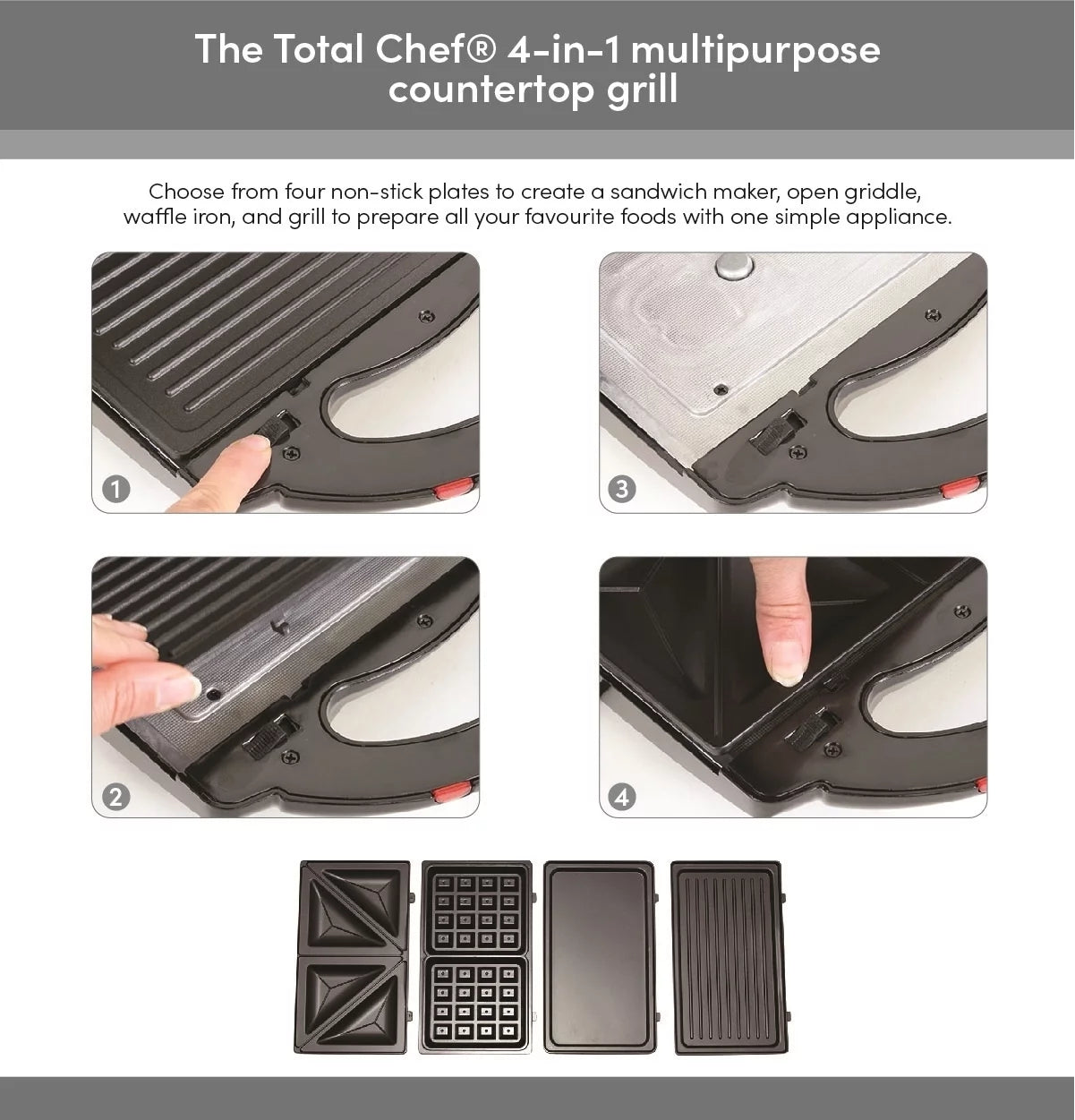 4-in-1 Waffle Maker with Removable Non-Stick Cast Iron Plates T50761
