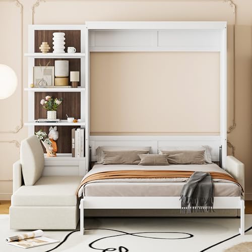 Queen Size Wood Murphy Bed with Sofa and Shelves, White K404134