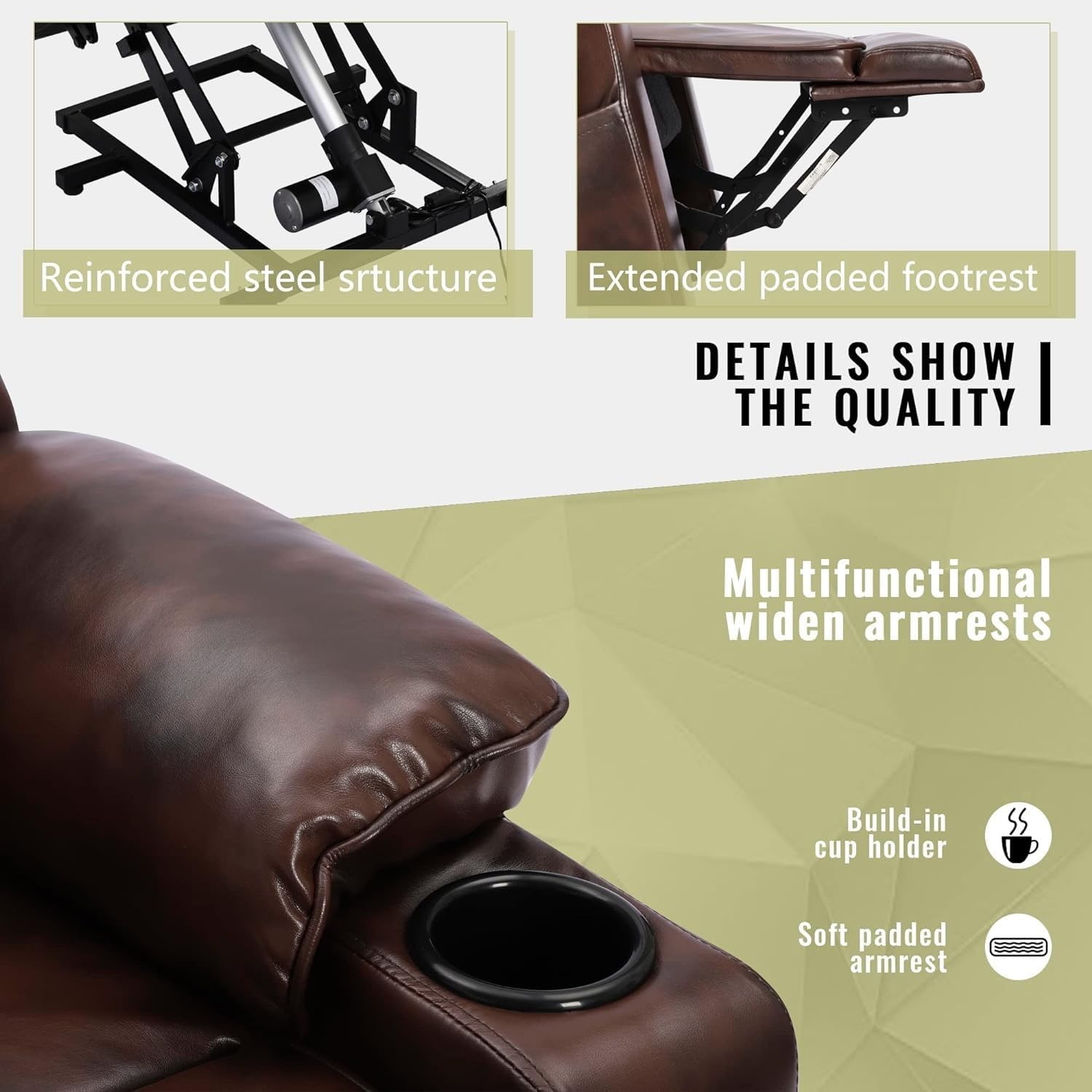 Brown Leather Power Lift Recliner Chair with Massage and Heated F21047