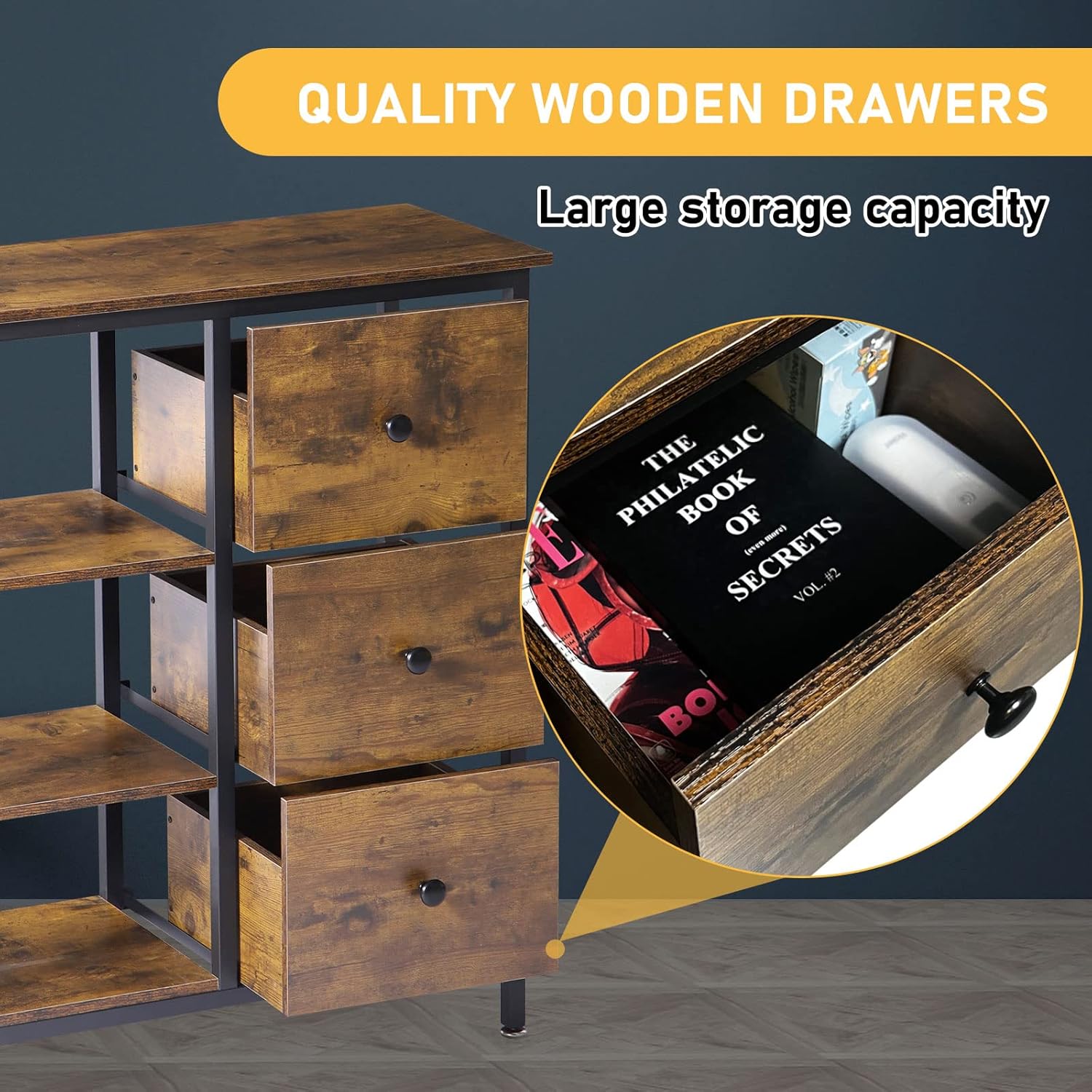 Brown Coffee Station Cabinet with 3 Wooden Drawers & Shelves Y487