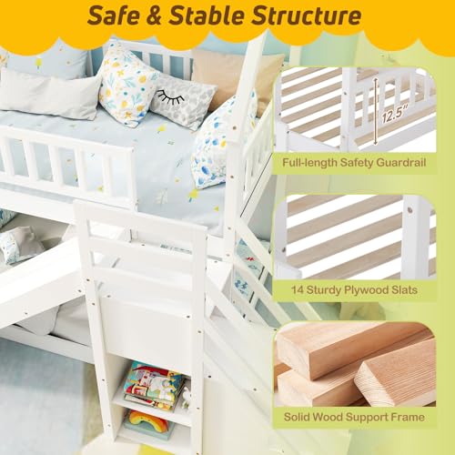 White Wood Bunk Bed Twin Over Twin with Slide & Stairs D9083