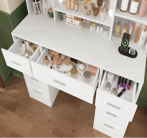 White Vanity Desk with 9 Drawers and Mirror L5872