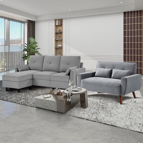 Light Grey Linen Convertible Sectional Sofa Set P342551