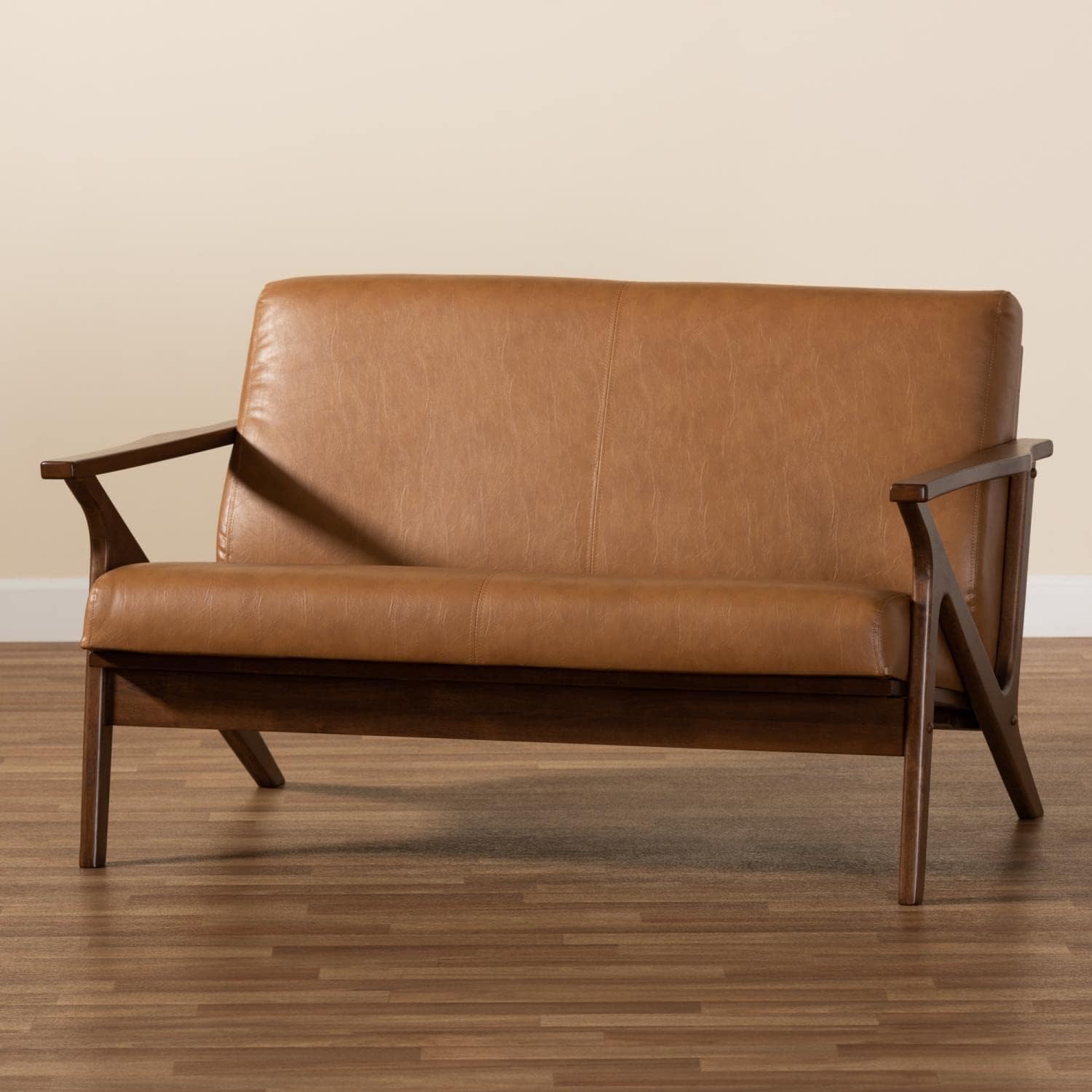 Walnut Brown Wood and Tan Faux Leather Loveseat M398