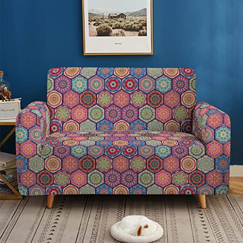 Mandala Flowers Couch Cover for 2 Cushions Couch, Bohemian Loveseat Slipcover, Floral Pattern Printed Sofa Cover M296508