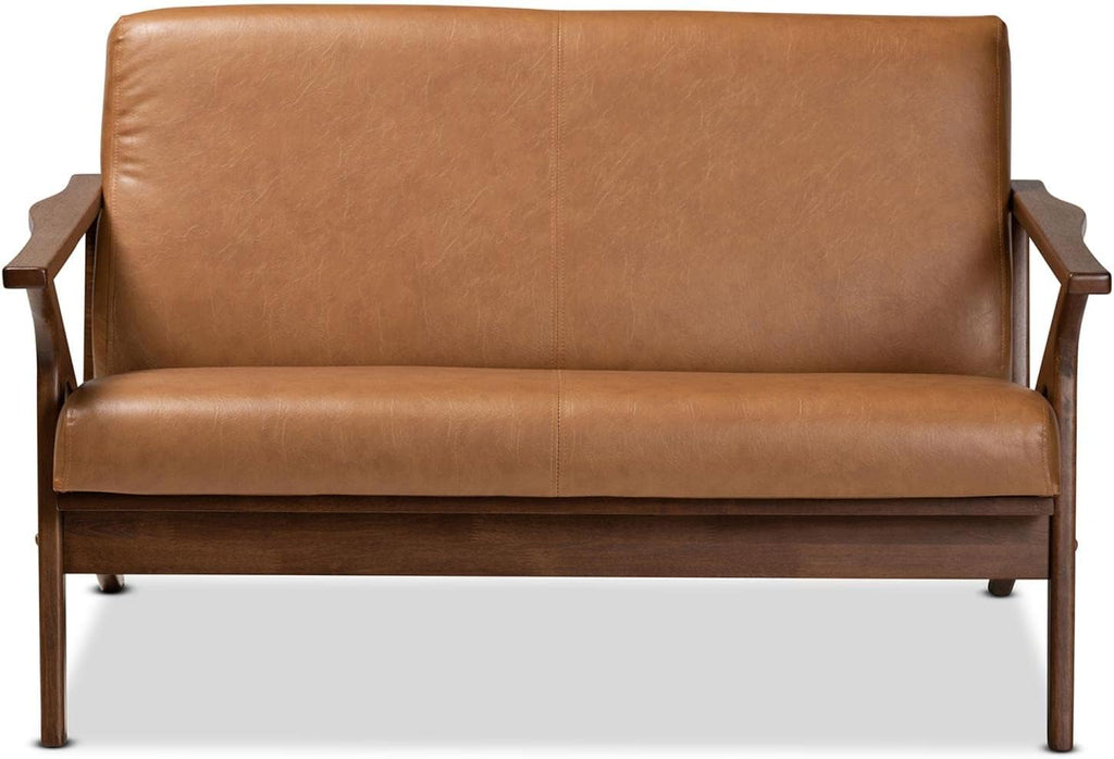 Walnut Brown Wood and Tan Faux Leather Loveseat M398