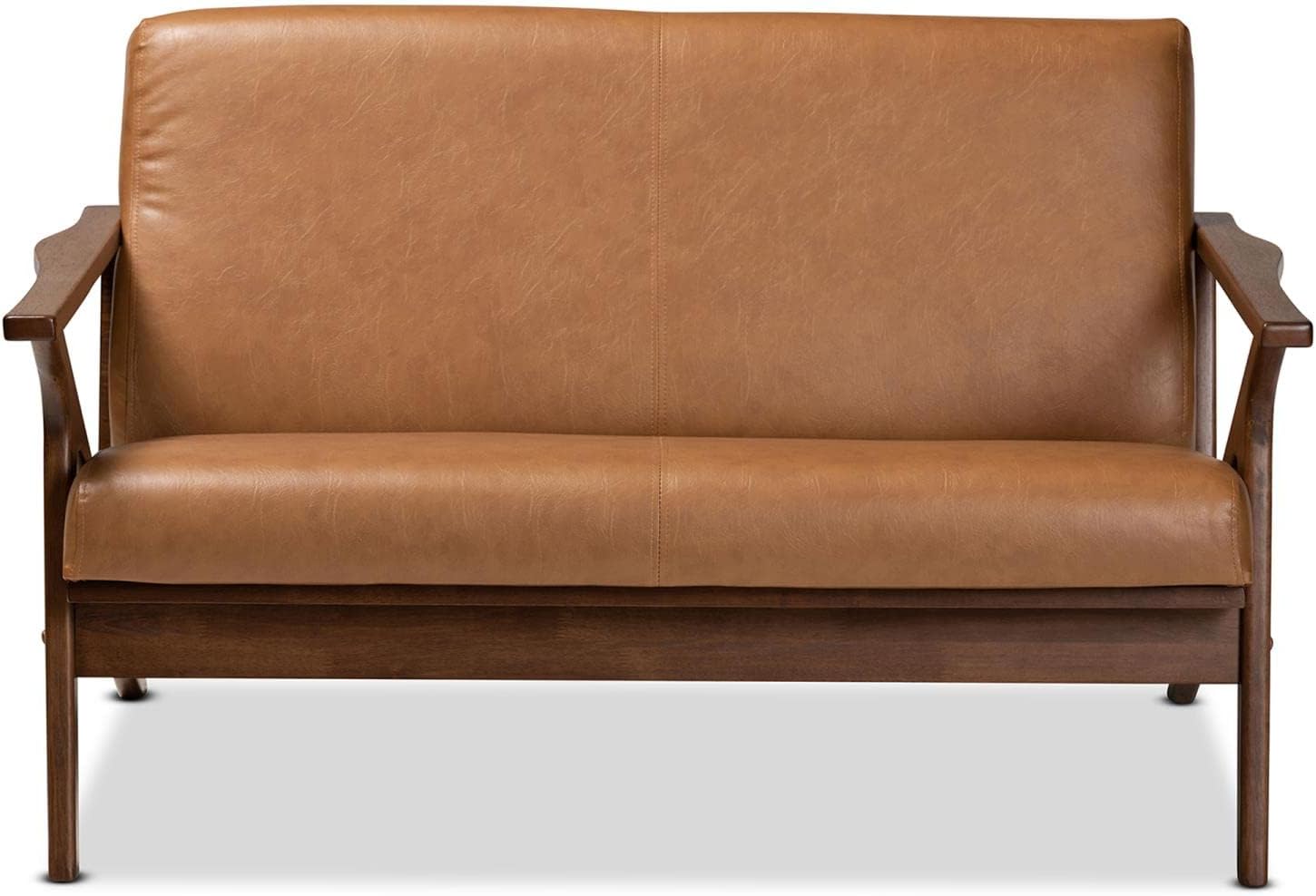 Walnut Brown Wood and Tan Faux Leather Loveseat M398