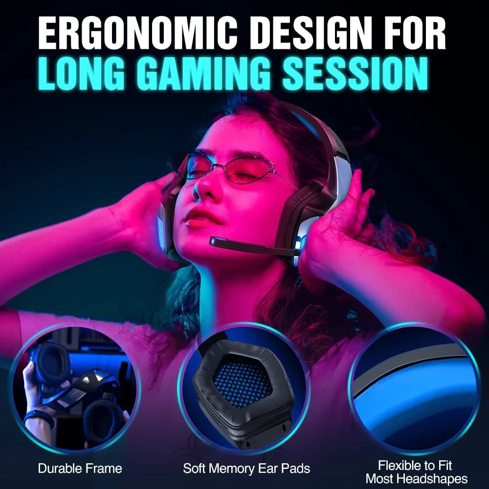 Gaming Headset with Noise Cancelling Mic, LED Light, Over Ear Headphone W295