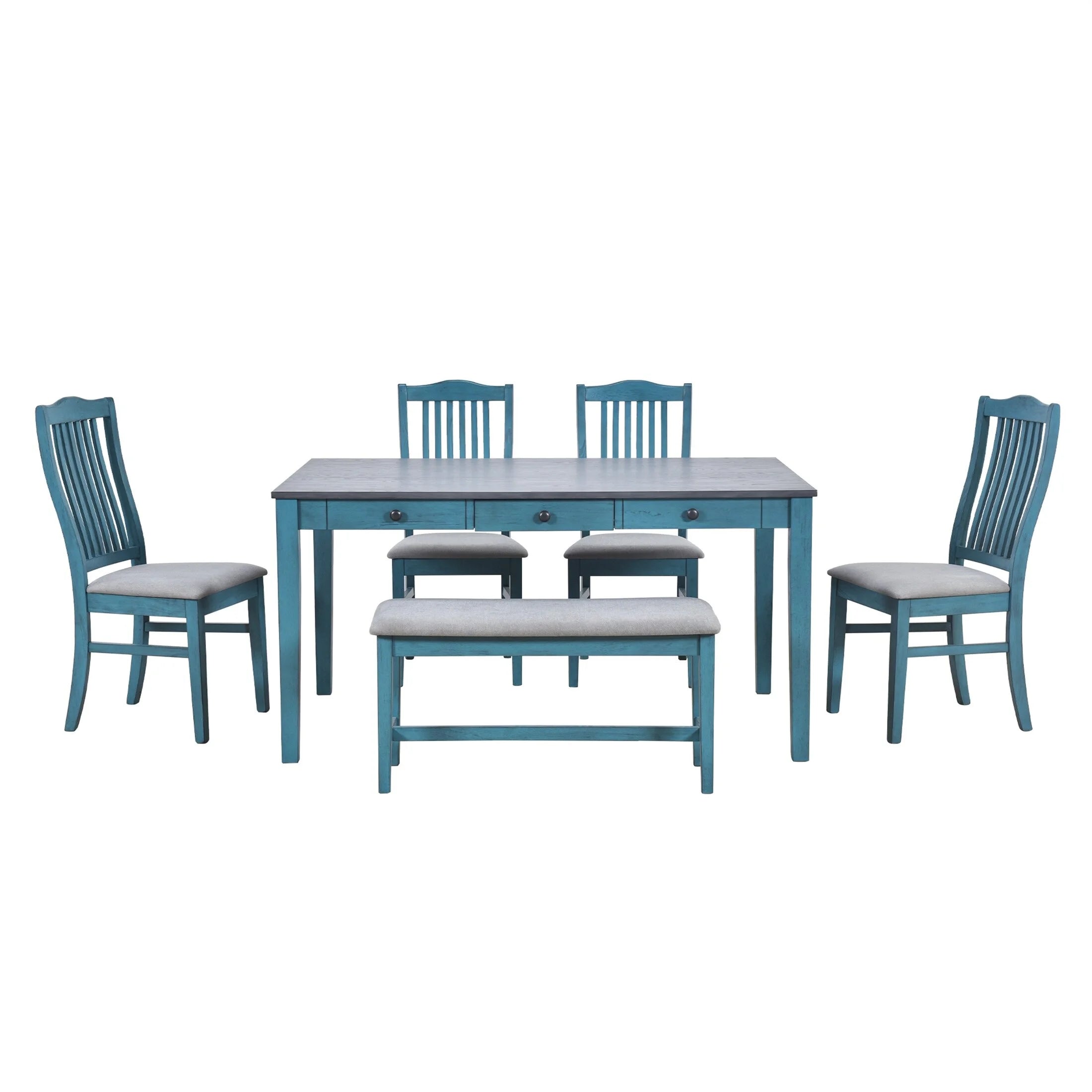 6 Piece Wood Dining Table Set With Drawer Antique Blue S23215