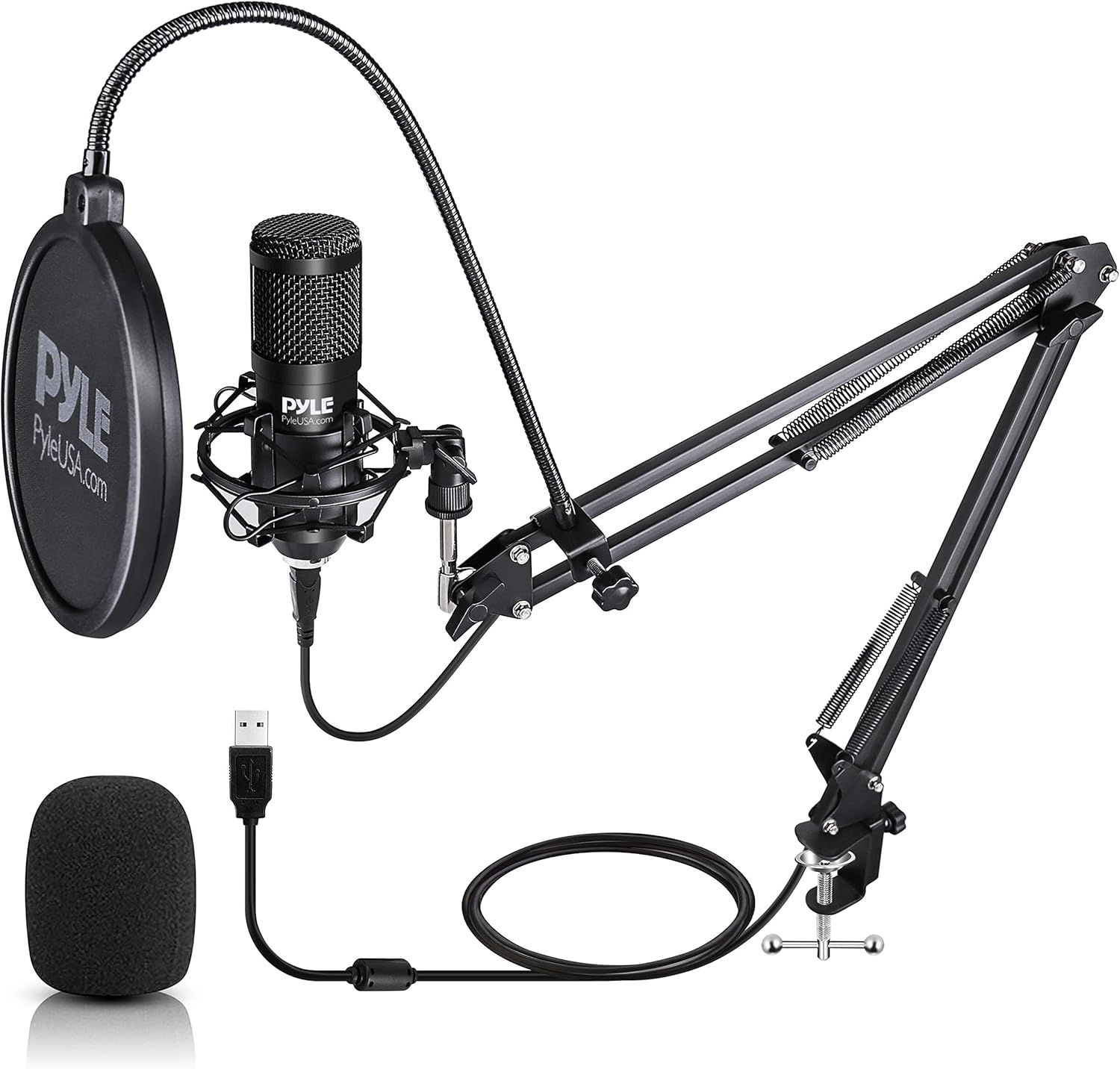 Black Cardioid Condenser USB Microphone with Boom Arm Stand and Pop Filter P970