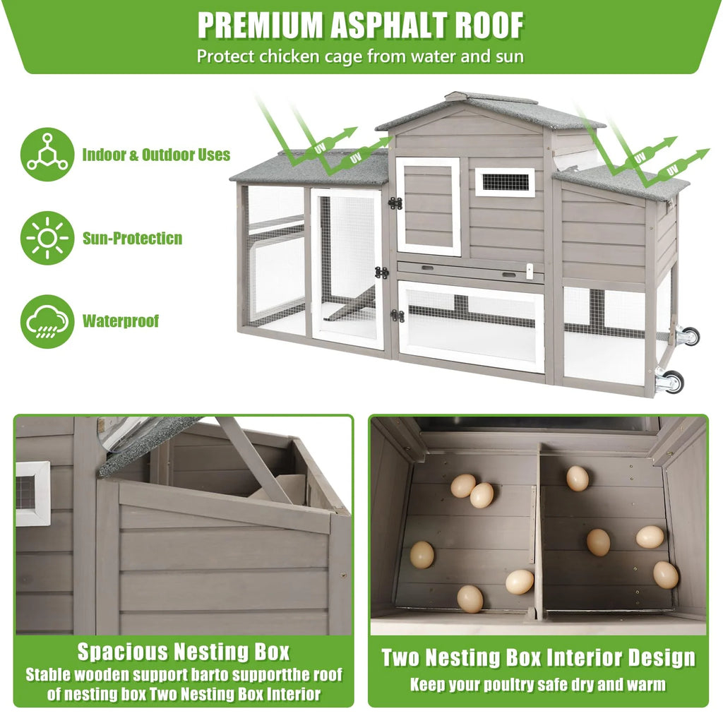 Large Chicken Coop with Wheels, Wooden Hen House, 2 Story Poultry Cage with Nesting Box and Pull Out Trays G804495