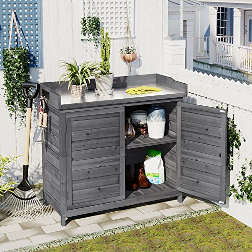 Brown Wooden Potting Bench Table with 2 Drawers, Cabinet, Open Shelves O84288