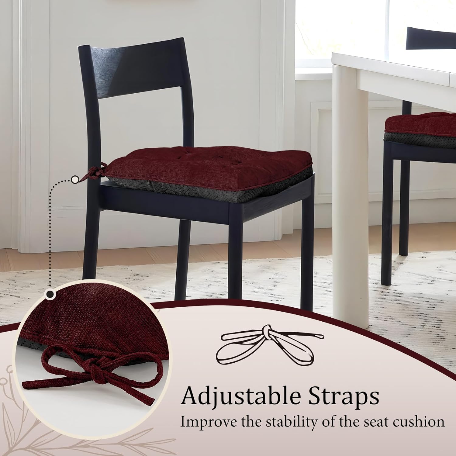 Burgundy 17" x 17" Memory Foam Chair Cushions with Adjustable Ties H3720