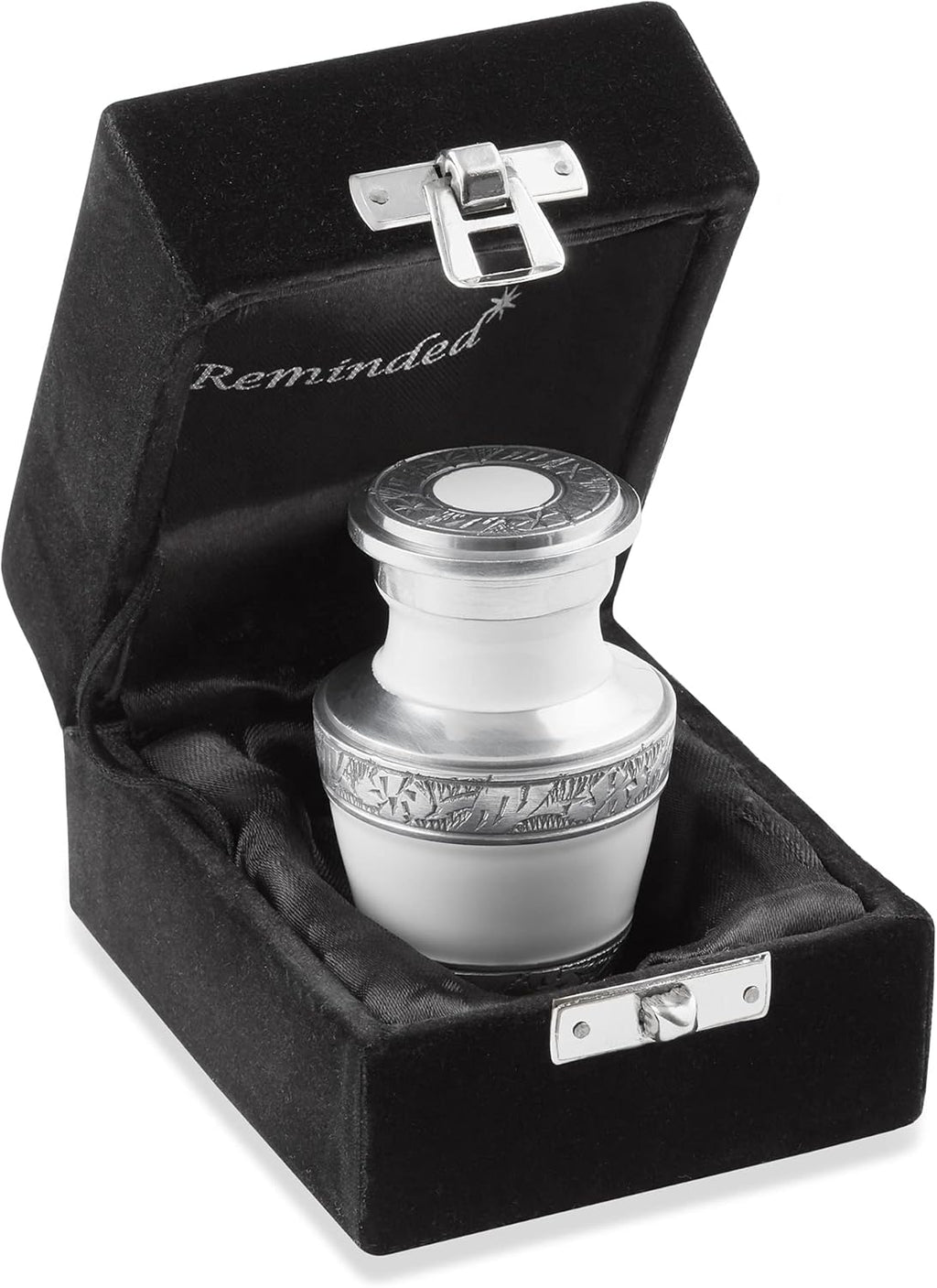 White and Silver Miniature Cremation Memorial Urn with Velvet Case C96760