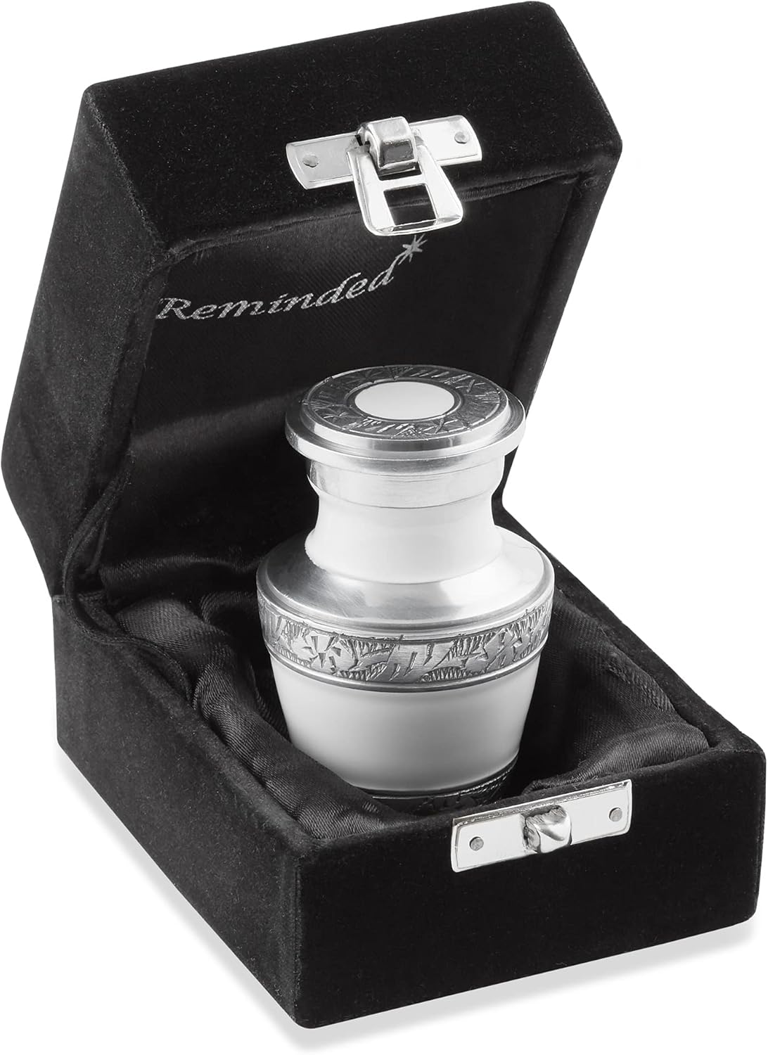 White and Silver Miniature Cremation Memorial Urn with Velvet Case C96760