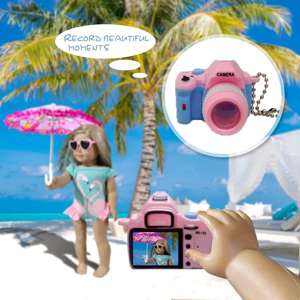 18 Inch Doll Clothes and Accessories Travel Suitcase Play Set Including Luggage, 2 Sets of Doll Clothes and Shoes, Umbrella Sunglasses Camera Travel Pillow Blindfold Passport Tickets O941421