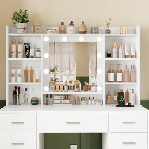 White Vanity Desk with 9 Drawers and Mirror L5872