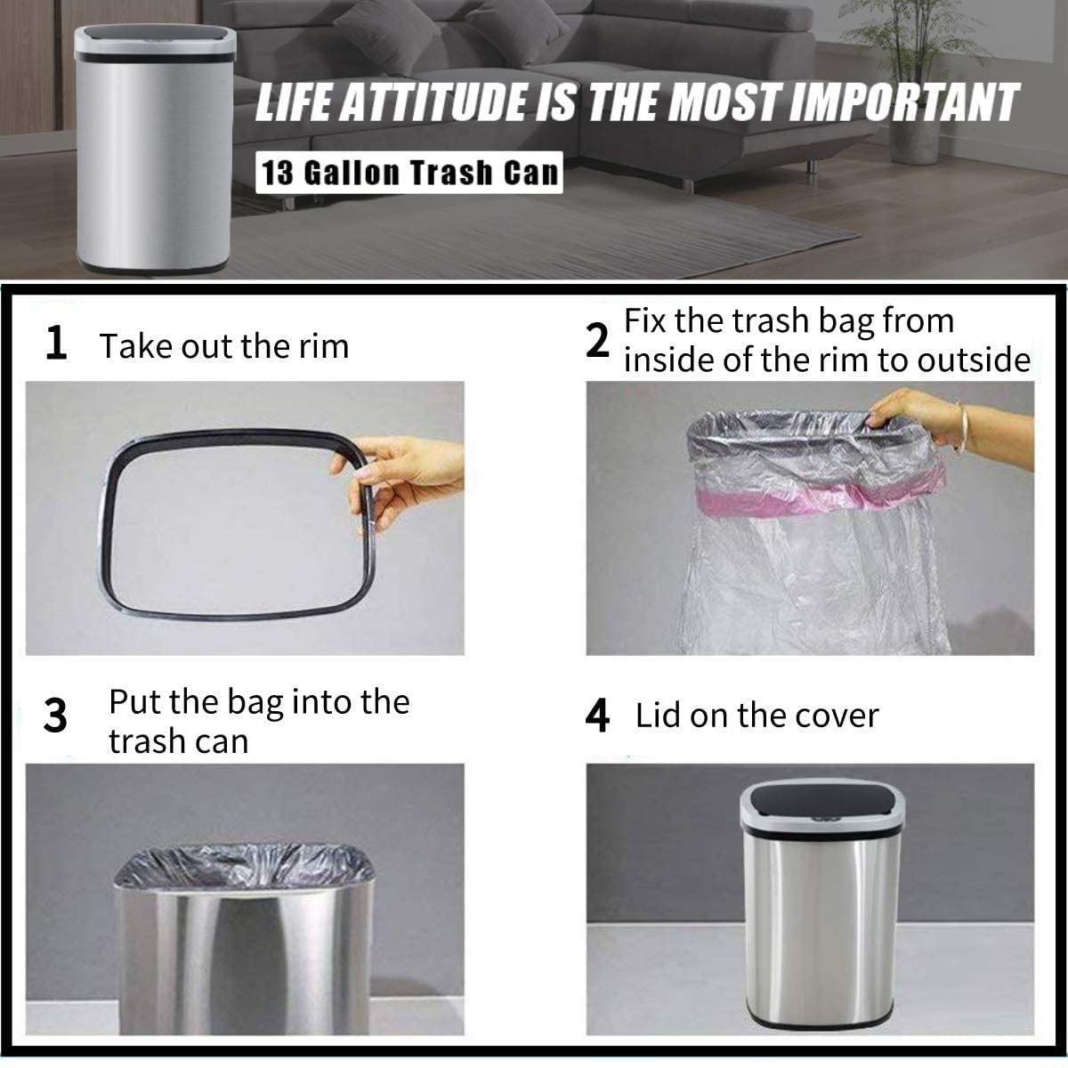 13 Gallon Stainless Steel Motion Sensor Trash Can with Lid J61529