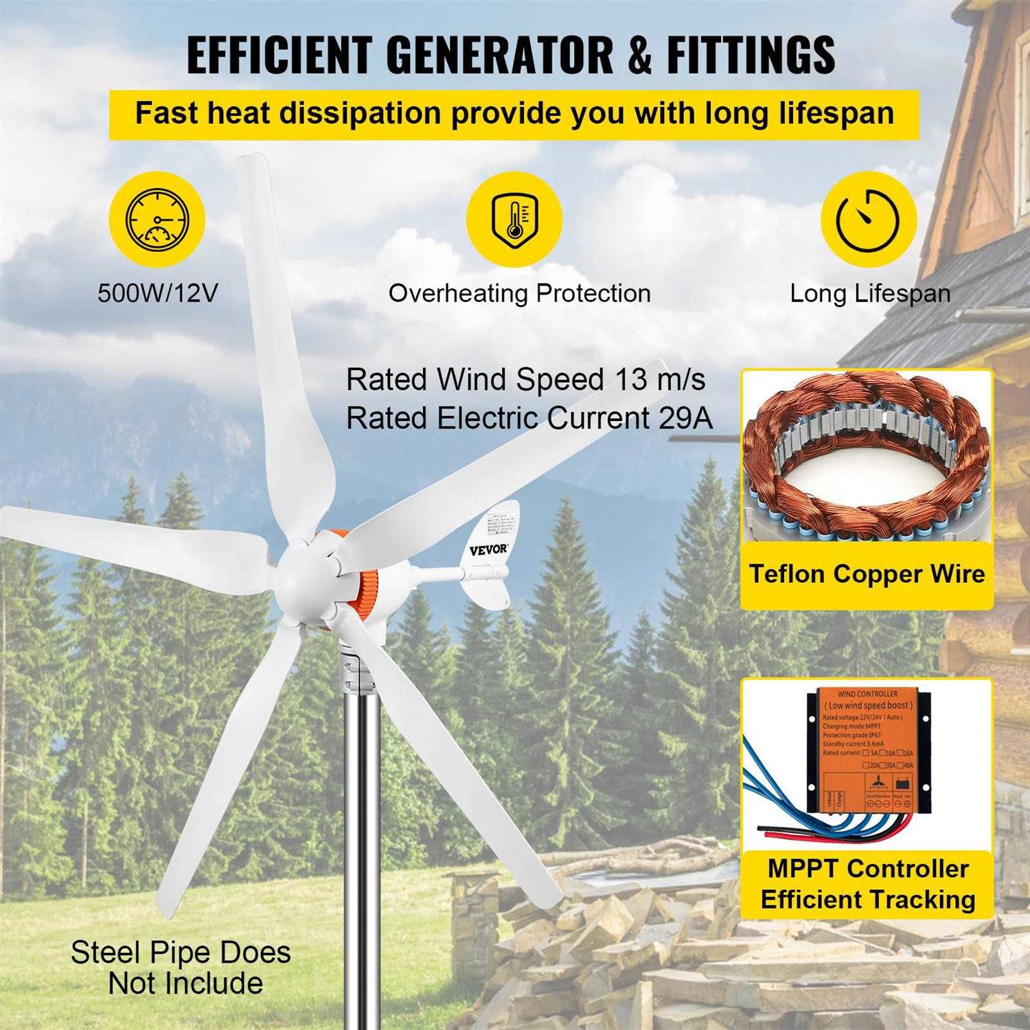 500-Watt 5 Blades Wind Turbine Generator with Mppt Controller D163042