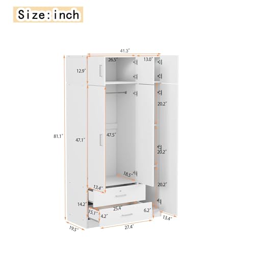 White 3 Doors Wooden Wardrobe with 2 Drawers and Top Cabinet N3080