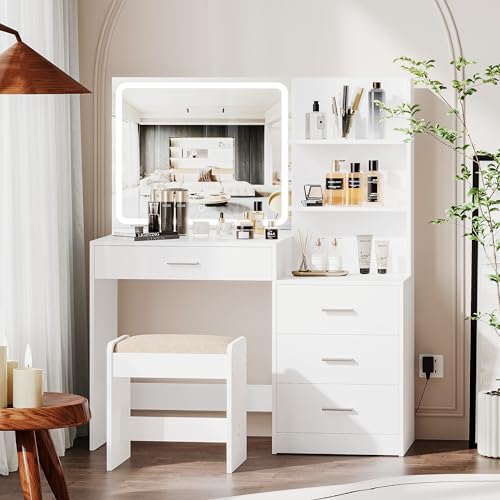 White Makeup Vanity with Lighted Mirror and 4 Drawers H142050