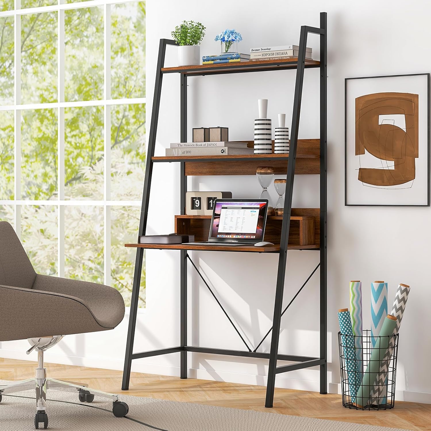 Brown Freestanding Ladder Desk with Open Shelves Z16907