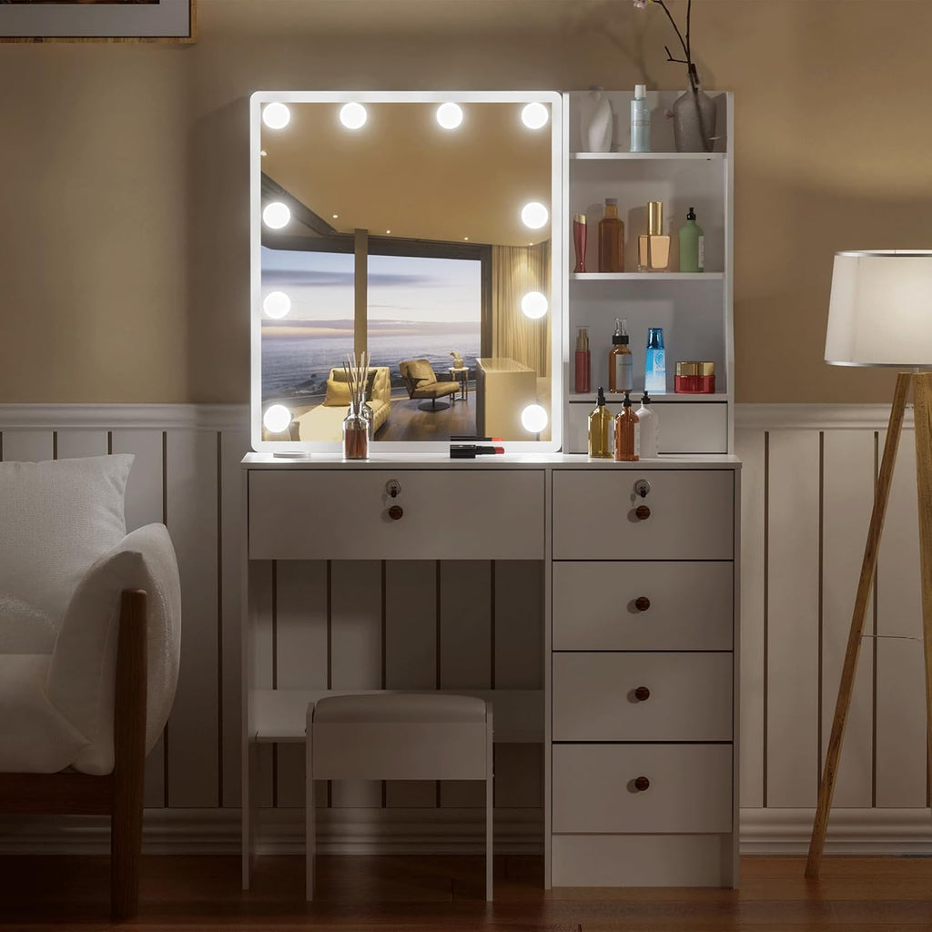 Girls Makeup Vanity with Sliding Mirror and Lights, Lockable Drawers and Cabinets, Dressing Cosmetic Table with Soft Chair L41023