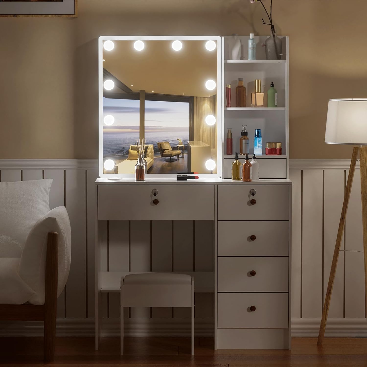 Girls Makeup Vanity with Sliding Mirror and Lights, Lockable Drawers and Cabinets, Dressing Cosmetic Table with Soft Chair L41023