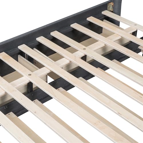 Beige Linen Upholstered Platform Bed Frame with Twin XL Trundle and 2 Drawers D3887