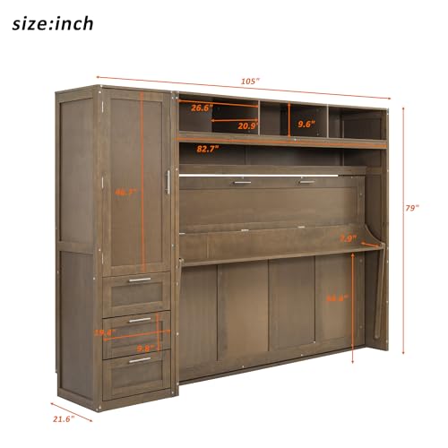 Antique Grey Wooden Murphy Bed with Wardrobe, 3 Drawers and 3 Open Top Shelves Y852547