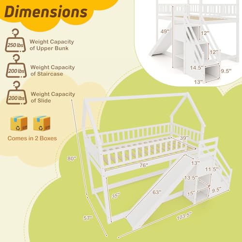 White Wood Bunk Bed Twin Over Twin with Slide & Stairs D9083