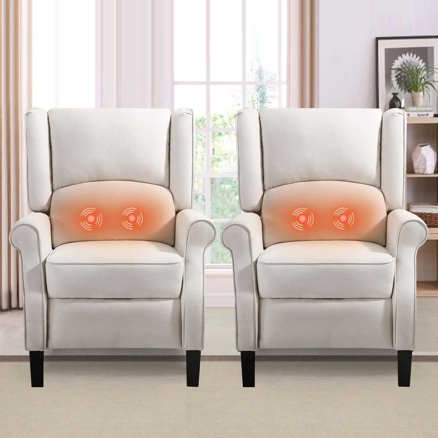 Set of 2 Beige Wingback Recliner Chair with Massage and Heat J6014