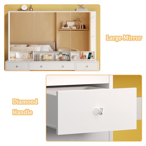 White 50" Vanity Desk with Mirror and Lights, Glass Top, 11 Drawers & 8 Hidden Storage Shelves, 3 LED Lighting Modes V24367