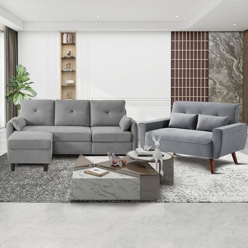 Light Grey Linen Convertible Sectional Sofa Set P342551