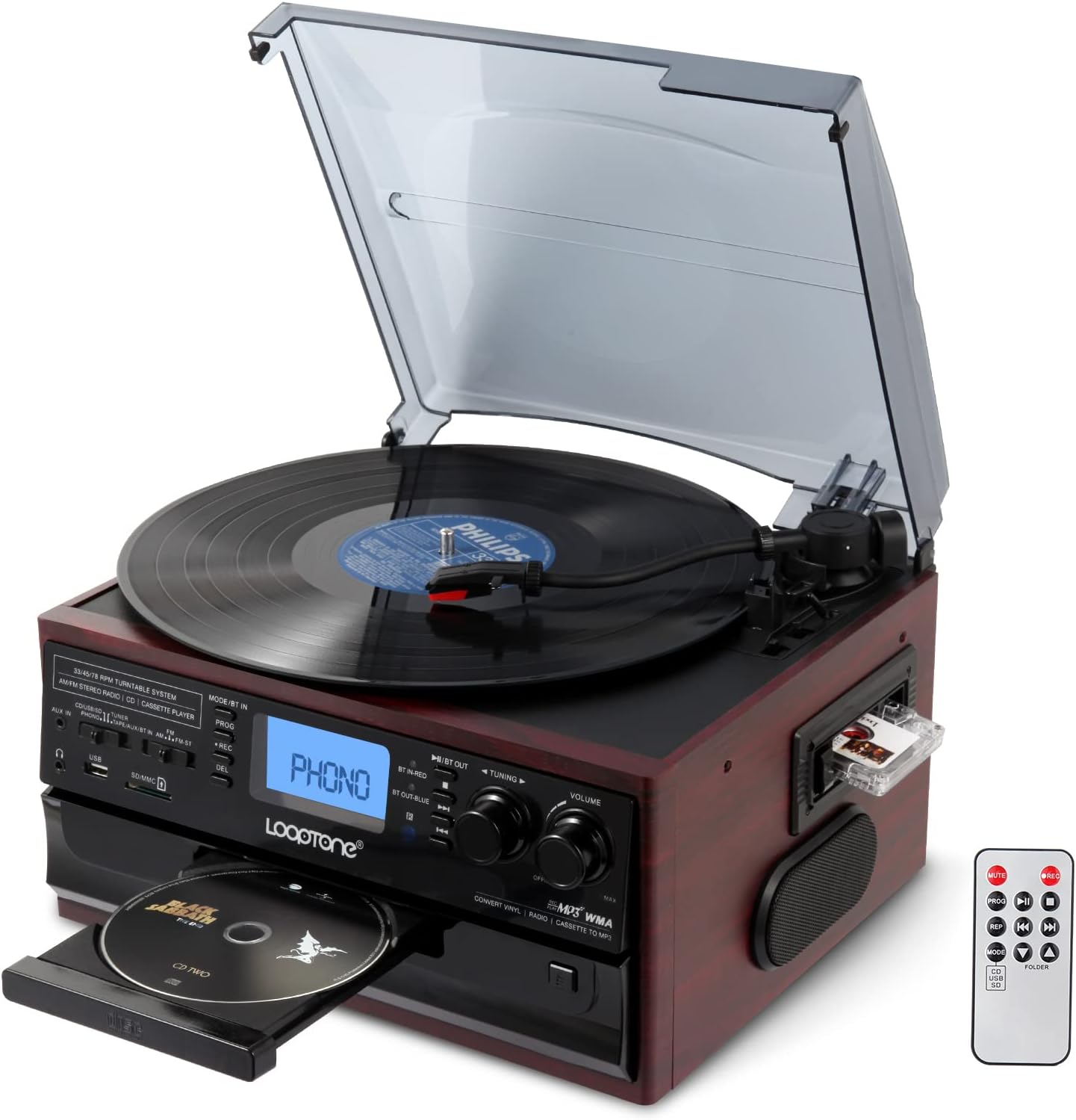 10 in 1 Bluetooth Record Player Turntable with CD Player Cassette AM/FM Radio O57075