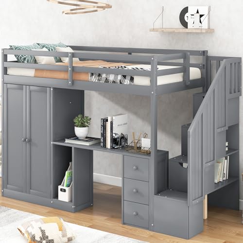 Twin Size Solid Wood Loft Bed with Desk and Stairs H201