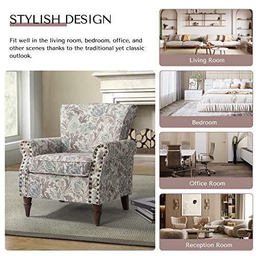 Pink Floral Pattern Wingback Accent Chair with Wood Legs & Removable Cushion T95045